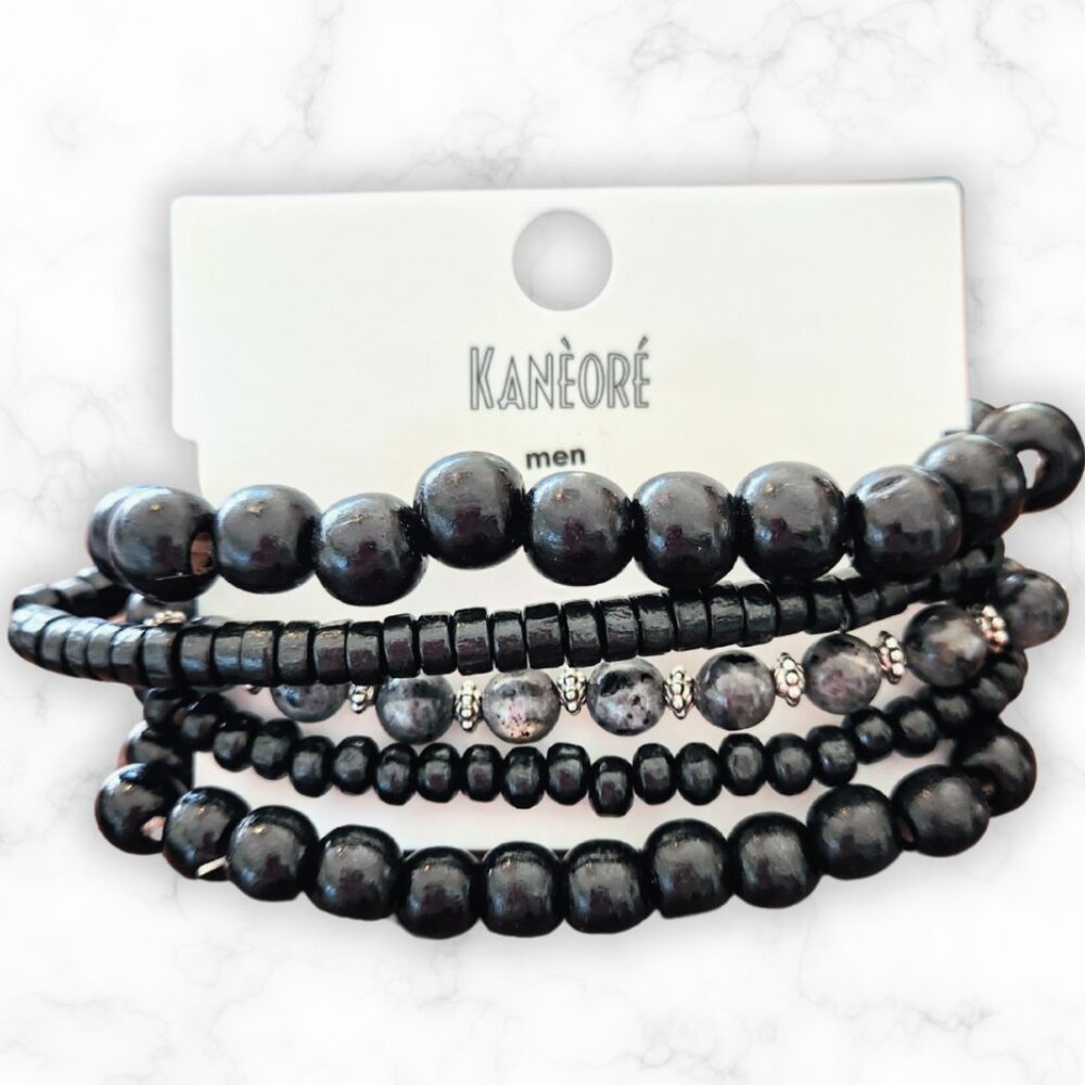 NWT Kanèoré Men's Set of 5 Black and Silver Wood Beaded Bracelets